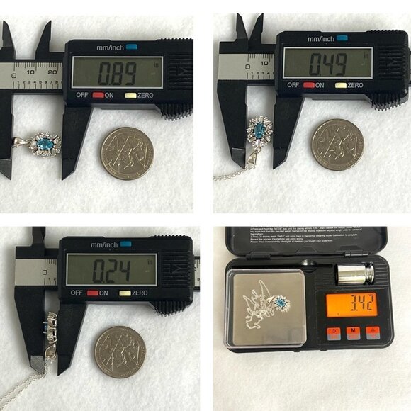 Sterling Silver 925 Blue Topaz CZ Halo Pendant Necklace 18" Cable Chain - Picture 10 of 16